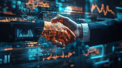 Business partnership handshake with a digital holographic interface futuristic business setting global trade and technology theme