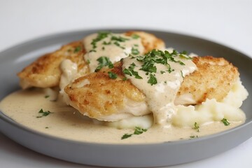 Delicious Breaded Chicken Breast with Creamy Sauce and Mashed Potatoes