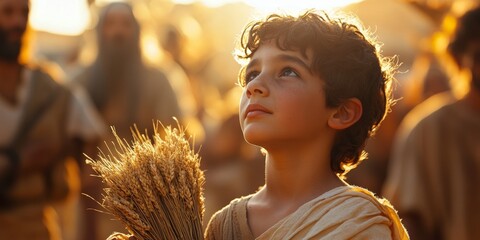 Young israelite holding wheat celebrating passover with community