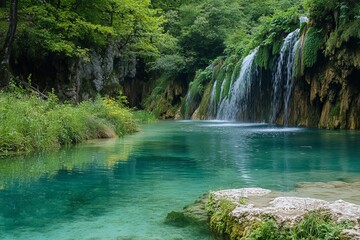 Serene Waterfall Cascading into Crystal Clear Teal Pool Lush Green Forest Tranquil Nature Scene Picturesque Summer Paradise Vibrant Waterfalls calm   