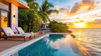 Fototapeta premium luxurious escape to tropical haven with stunning sunset view over ocean, featuring serene poolside setting