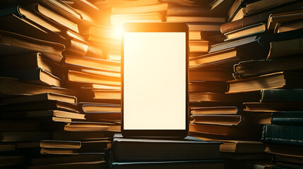 Digital Tablet Surrounded by Stacked Books and Warm Sunset Glow