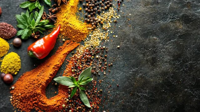 Colorful spices and herbs arranged on a dark surface in a vibrant display of culinary ingredients