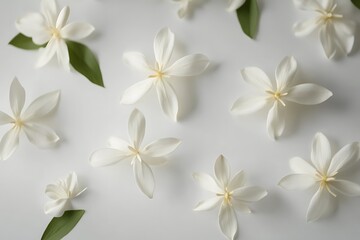 Jasmine branch with flowers and leaves isolated on white background.