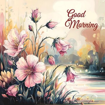 Good Morning lettering Floral Bliss: Fresh Morning Dew on Flowers - Beautiful Nature text with Good Morning greetings Message and poster banner