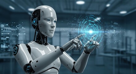 Robot de IA futurista que interact&uacute;a con una interfaz digital