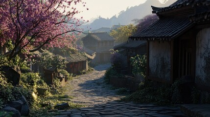 Fototapeta premium Charming Ancient Village Pathway with Blossoming Trees and Traditional Architecture