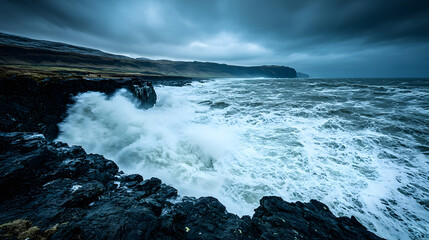 Obraz premium Dramatic Ocean Waves Crashing Against Rocky Shoreline Under Stormy Sky