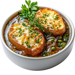 A Bowl of French Onion Soup Savory Broth with Carame Isolated on Transparent Background