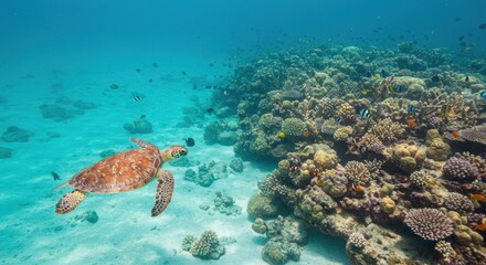 Fototapeta premium Underwater Paradise: Majestic Sea Turtle Gracefully Swimming Near Vibrant Coral Reef in Tropical Ocean
