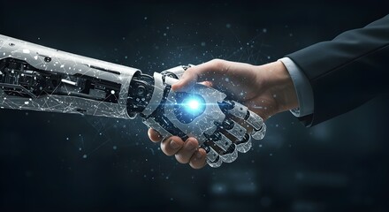 Apret&oacute;n de manos entre humanos y robots de IA: concepto de tecnolog&iacute;a del futuro