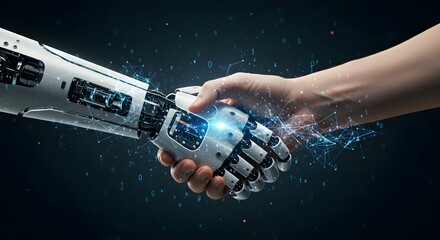 Apret&oacute;n de manos entre humanos y robots de IA: concepto de tecnolog&iacute;a del futuro
