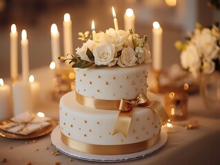 A stunning white cake with candles gifts and gold ribbon for a sweet elegant moment