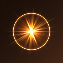 Sunlight flare, glowing shiny sparkle, lens flare effect, bright glimmering glare. Vector illustration.