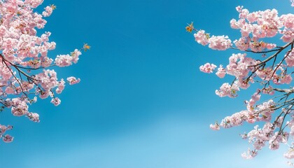 晴れ渡った青空に、右下に斜めに配置された桜の枝が映える。淡いピンク色と青空の調和が春の爽やかさを演出するデザイン。

