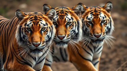 Fototapeta premium Three Tigers Standing Together in the Wild Watching Cautiously