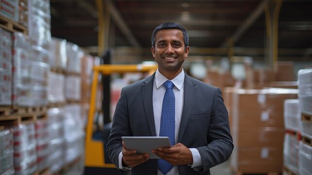 An Indian businessman is using a tablet to oversee a warehouse in a distribution center. Package supervisor for the warehouse