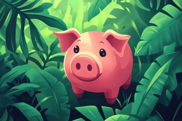 Obraz premium Pink piglet in lush green jungle