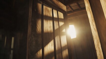 Sunlight Streaming Through Wooden Slats Warm Glow Illuminating Interior Space Cozy Atmosphere