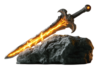 Sword with glowing orange energy embedded in a rock displayed on a white background
