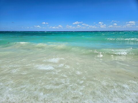 Caribbean sea wave. Tropical beach close-up