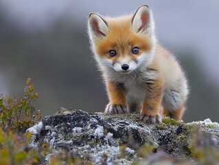 Fototapeta premium A cute baby fox curiously exploring its natural environment in a playful manner with bright eyes and fluffy fur
