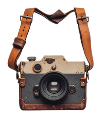 Vintage camera with leather strap showcased against a plain background, highlighting its classic design and character