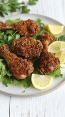 Crispy Fried Chicken Drumsticks with Lemon on Plate