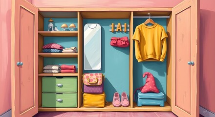 Well-organized, spacious walk-in closet with clothes and shoes.