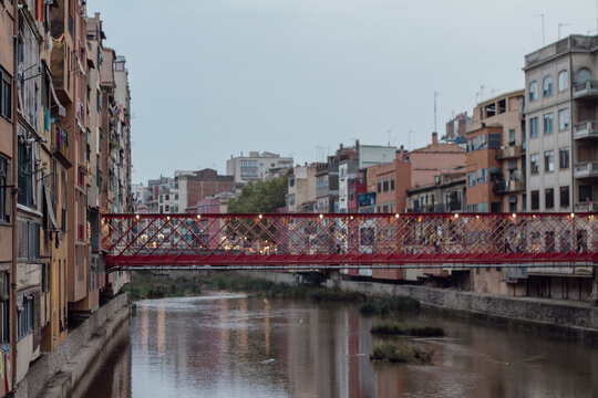 Eiffel Bridge, The Iconic Red Metal Pedestrian Bridge Over the Onyar River in Girona, Spain