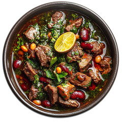A Bowl of Persian Ghormeh Sabzi Herb Stew with Lamb Isolated on Transparent Background