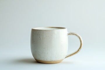 A white ceramic mug sits on a clean neutral background