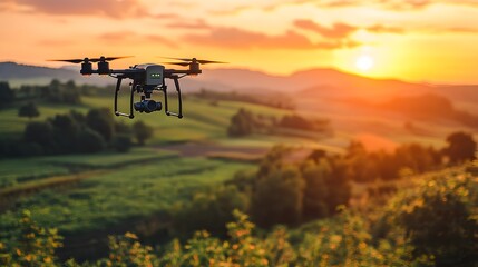 Naklejka premium Aerial view of drone flying over an expansive agricultural field showcasing innovative farming technology and landscape