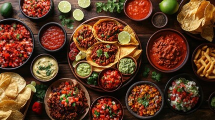 Fototapeta premium Assorted Mexican street food spread on a rustic wooden table. Various fillings, toppings, and sauces are displayed