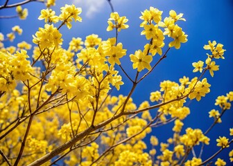 Vibrant Yellow Dogwood Blossoms Against a Clear Blue Sky - Spring Nature Stock Photo