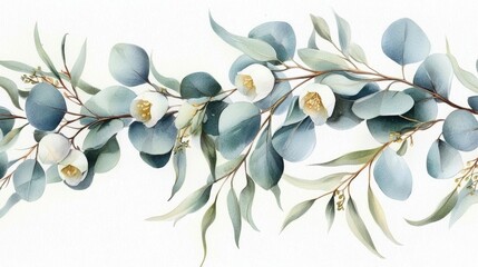 Elegant botanical art showcasing watercolor eucalyptus in delicate hues.