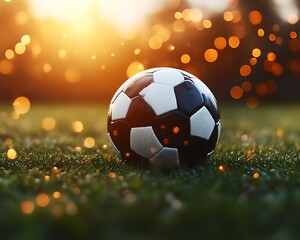 Naklejka premium Soccer ball on field at sunset, bokeh lights
