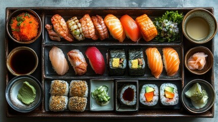 Assorted sushi platter, featuring various nigiri, maki, and sashimi pieces, presented in a wooden bento box.  Small dishes of condiments, including soy sauce, wasabi, and pickled ginger, are included