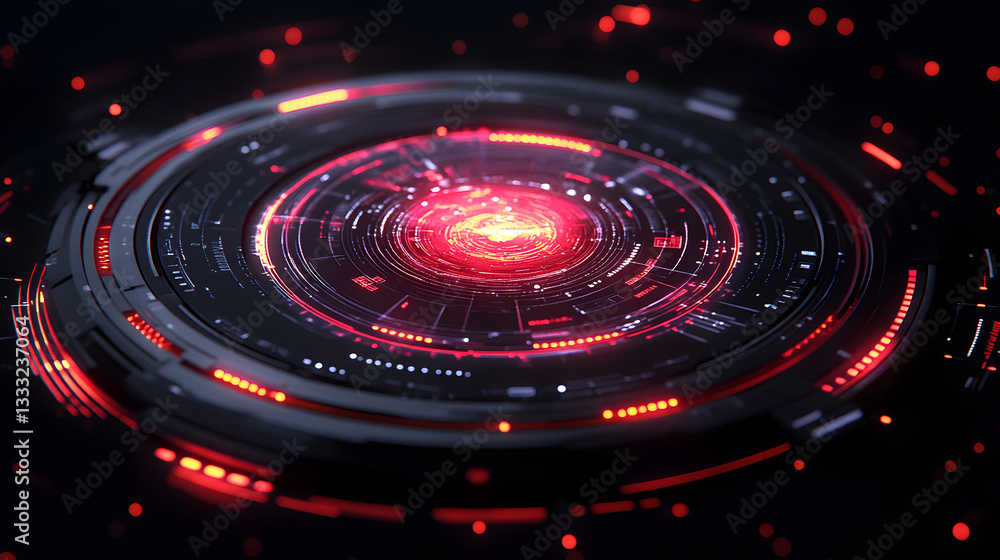 Poster futuristic digital interface with glowing red circular patterns