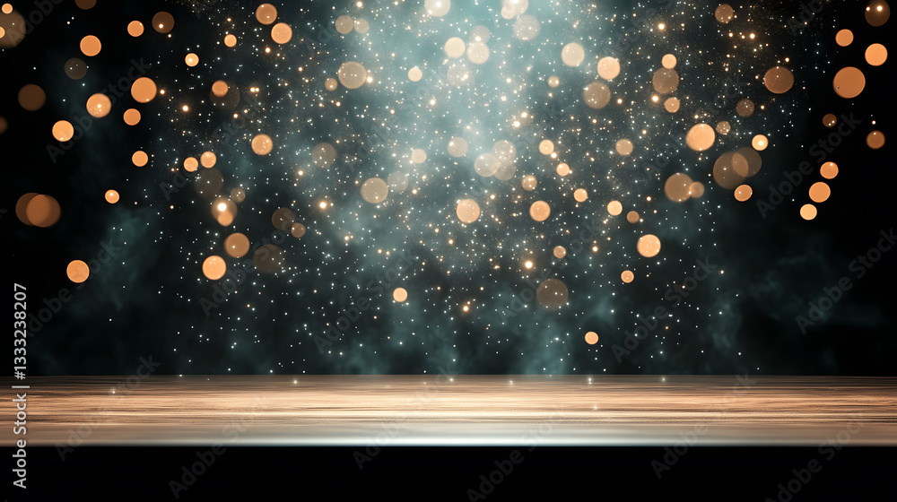 Poster glowing bokeh lights with sparkles on dark background for events
