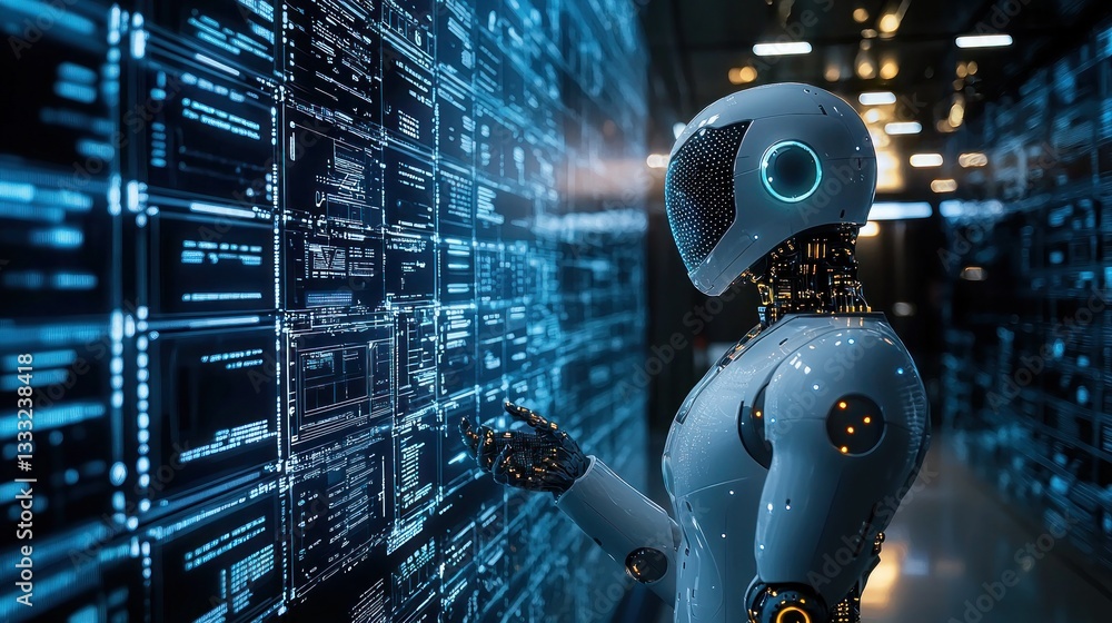 Poster futuristic robot analyzing data in advanced technology environment