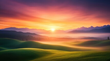 Obraz premium A breathtaking sunrise over rolling hills, with vibrant colors painting the sky and mist gently enveloping the landscape, ideal for nature themes, travel articles, or relaxation concepts,