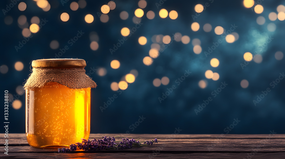 Poster glowing honey jar with lavender and soft bokeh background