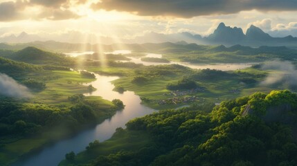 Obraz premium A stunning aerial view of a lush green valley with a winding river, bathed in warm sunlight filtering through clouds, Ideal for travel, nature