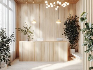 A bright and stylish wooden reception desk with plants present