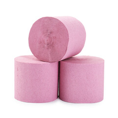 Pink toilet paper rolls isolated on white