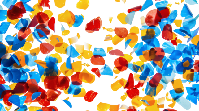 Flying confetti in bright red blue and yellow colors isolated on a white background