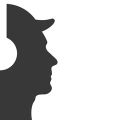 Silhouette profile of a young handsome guy in headphones and a baseball cap. Flat vector illustration isolated on white background.