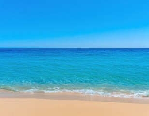 Obraz premium tropical beach scene with turquoise water, golden sand, and a clear blue sky, with soft-focus waves gently touching the shore1