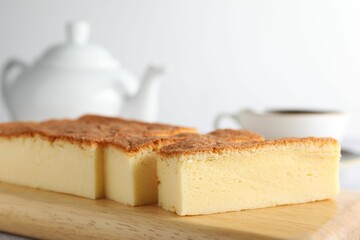 Tasty Japanese Castella sponge cake served on light table, closeup